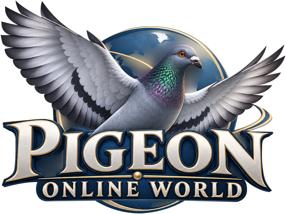شعار Pigeon Online World — حمامة باسطة جناحيها أمام الكرة الأرضية